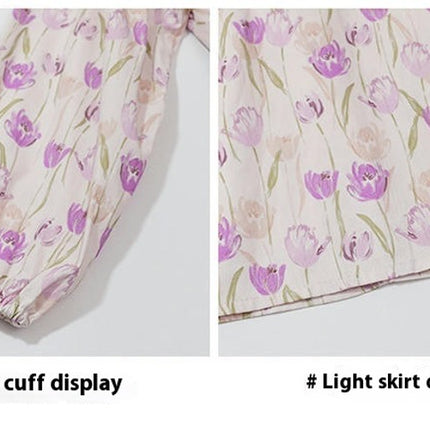 Girls Contrast Color Lapel Dress Spring Long Sleeve Floral Print Princess Dress