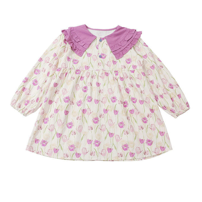 Girls Contrast Color Lapel Dress Spring Long Sleeve Floral Print Princess Dress