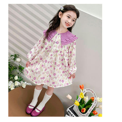 Girls Contrast Color Lapel Dress Spring Long Sleeve Floral Print Princess Dress