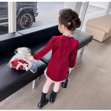 Baby Girl Buttoned Gold Velvet Cheongsam Dress Long Sleeve Retro Slim Fit Dress