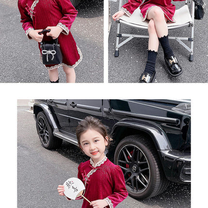 Baby Girl Buttoned Gold Velvet Cheongsam Dress Long Sleeve Retro Slim Fit Dress