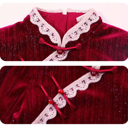 Baby Girl Buttoned Gold Velvet Cheongsam Dress Long Sleeve Retro Slim Fit Dress
