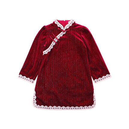 Baby Girl Buttoned Gold Velvet Cheongsam Dress Long Sleeve Retro Slim Fit Dress