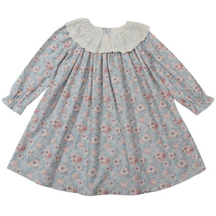 Girls Floral Dress Long Sleeve Contrast Color Lace Lapel Baby Princess Dress