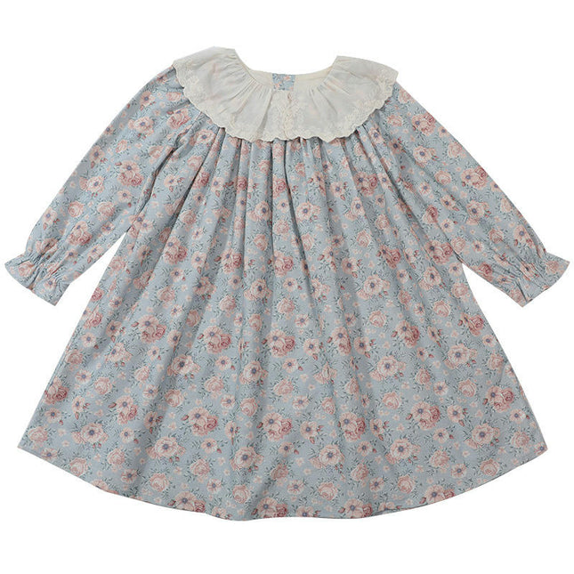 Girls Floral Dress Long Sleeve Contrast Color Lace Lapel Baby Princess Dress