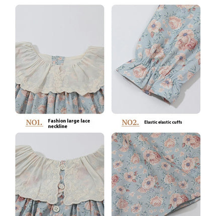 Girls Floral Dress Long Sleeve Contrast Color Lace Lapel Baby Princess Dress