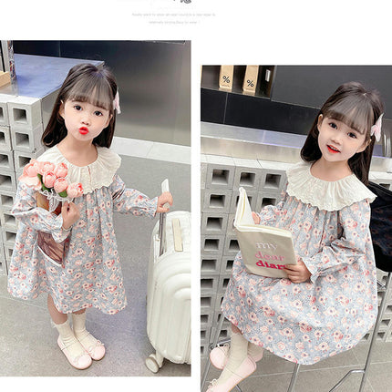 Girls Floral Dress Long Sleeve Contrast Color Lace Lapel Baby Princess Dress