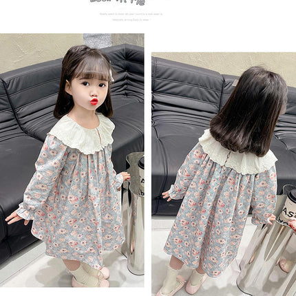 Girls Floral Dress Long Sleeve Contrast Color Lace Lapel Baby Princess Dress