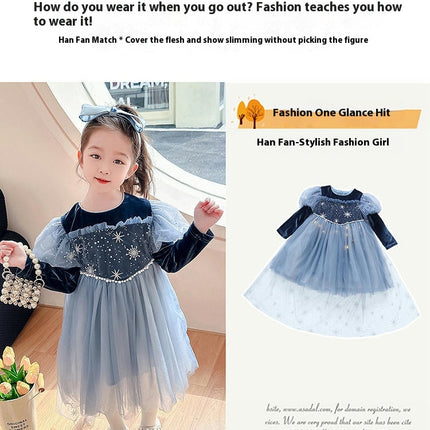 Girls Autumn Dress-Round Neck Gold Velvet Sleeves Spliced Mesh Princess Dress