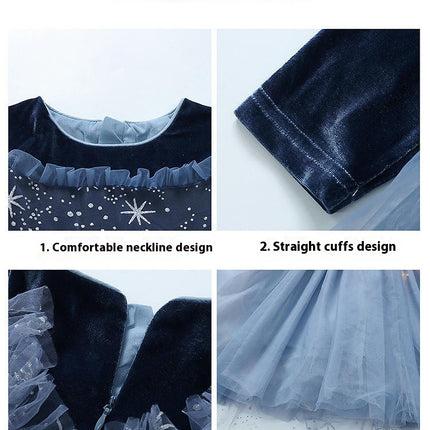 Girls Autumn Dress-Round Neck Gold Velvet Sleeves Spliced Mesh Princess Dress