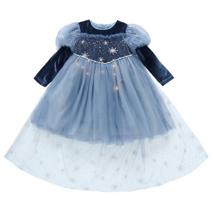 Girls Autumn Dress-Round Neck Gold Velvet Sleeves Spliced Mesh Princess Dress