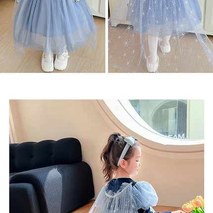 Girls Autumn Dress-Round Neck Gold Velvet Sleeves Spliced Mesh Princess Dress