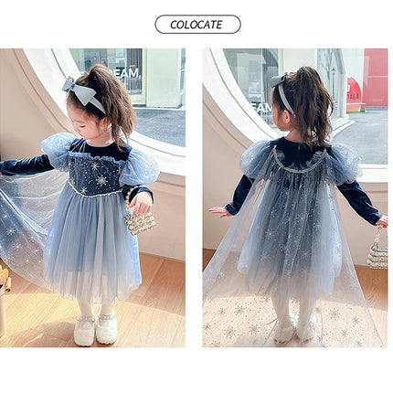 Girls Autumn Dress-Round Neck Gold Velvet Sleeves Spliced Mesh Princess Dress