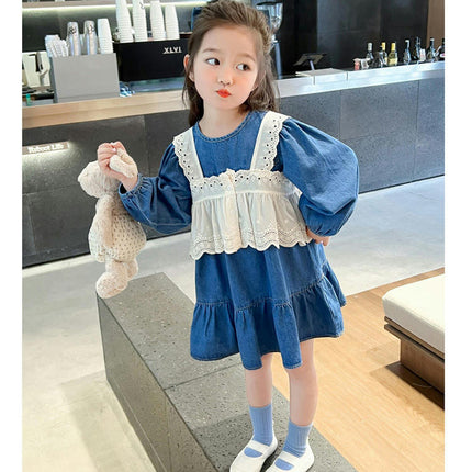 Girls Lace Denim Skirt Suit Stylish Children Baby Girl Spring and Autumn Dress