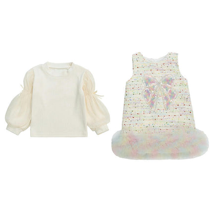 Girls Winter Long Sleeve Top Sleeveless Bowknot Sequined Vest Dress Set