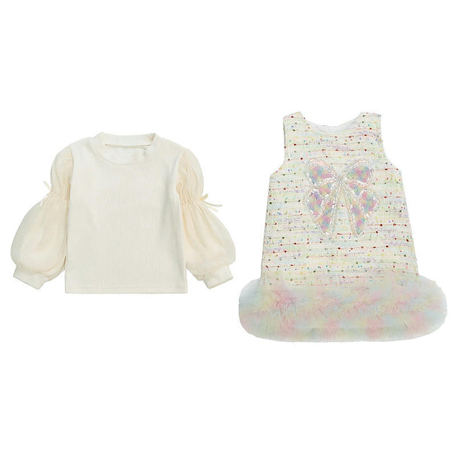 Girls Winter Long Sleeve Top Sleeveless Bowknot Sequined Vest Dress Set