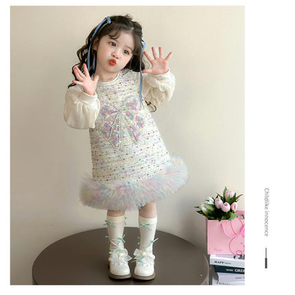 Girls Winter Long Sleeve Top Sleeveless Bowknot Sequined Vest Dress Set