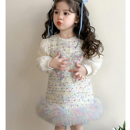 Girls Winter Long Sleeve Top Sleeveless Bowknot Sequined Vest Dress Set