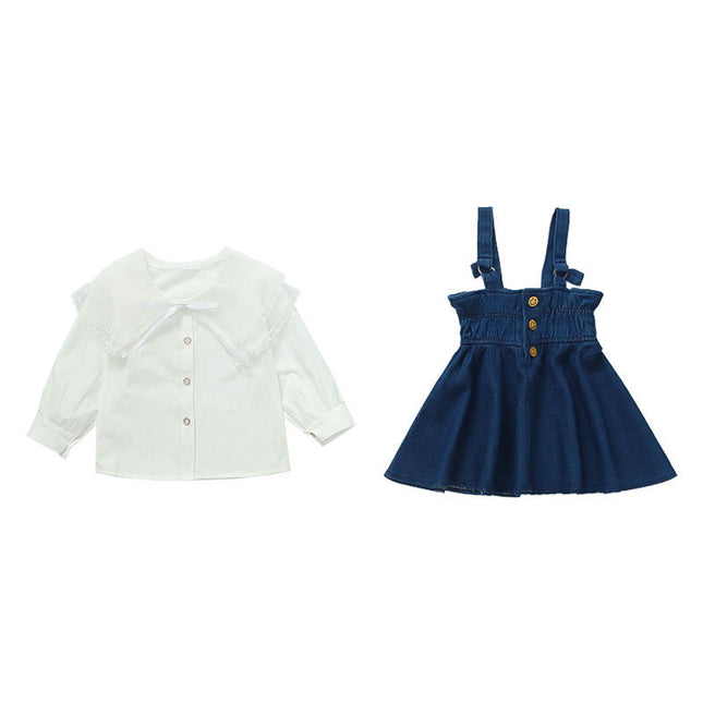 Baby Girls Long Sleeve Lace Collar Shirt Denim Suspender Jumpsuit Two-piece Set