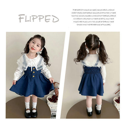 Baby Girls Long Sleeve Lace Collar Shirt Denim Suspender Jumpsuit Two-piece Set