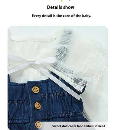 Baby Girls Long Sleeve Lace Collar Shirt Denim Suspender Jumpsuit Two-piece Set