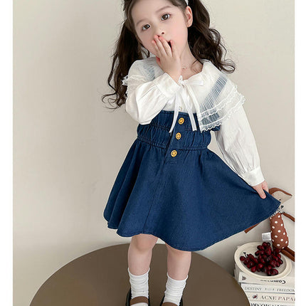 Baby Girls Long Sleeve Lace Collar Shirt Denim Suspender Jumpsuit Two-piece Set