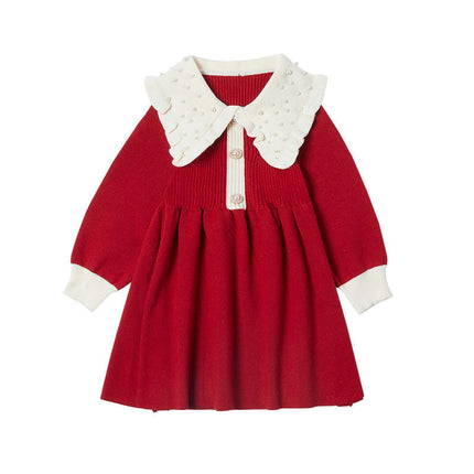 Girls Beaded Dress Spring and Autumn Long Sleeve Knitted Sweater Princess Dress
