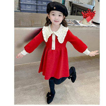 Girls Beaded Dress Spring and Autumn Long Sleeve Knitted Sweater Princess Dress