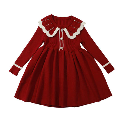 Girls Round Neck Beaded Dress Long Sleeve Knitted Sweater Princess Dress