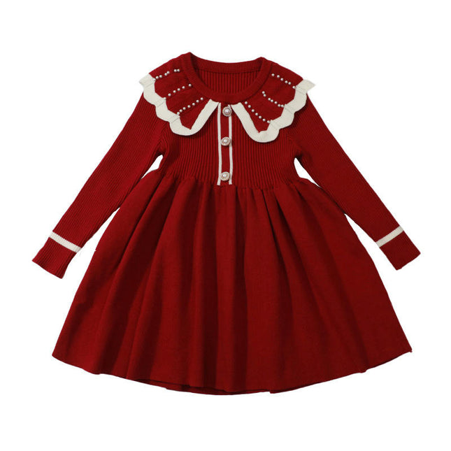 Girls Round Neck Beaded Dress Long Sleeve Knitted Sweater Princess Dress
