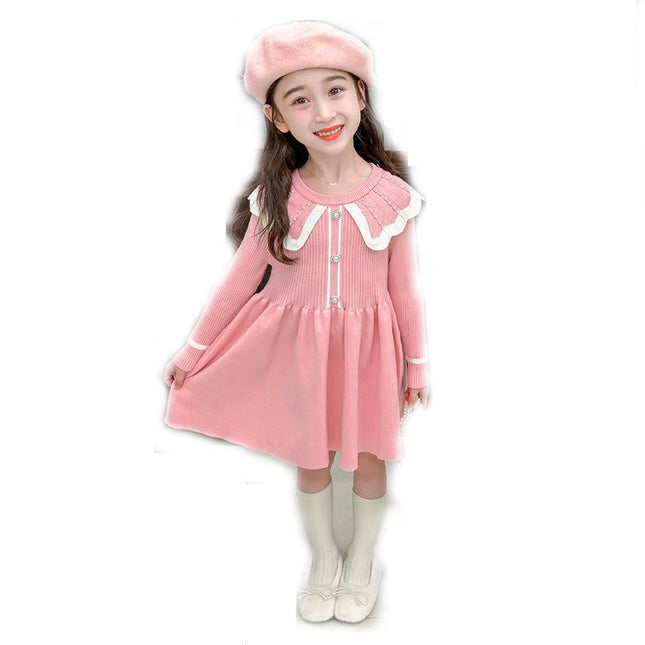 Girls Round Neck Beaded Dress Long Sleeve Knitted Sweater Princess Dress