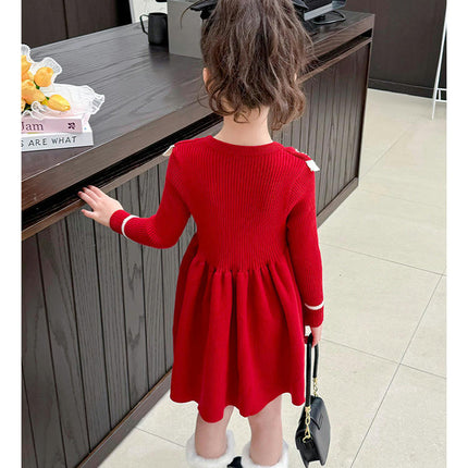Girls Round Neck Beaded Dress Long Sleeve Knitted Sweater Princess Dress