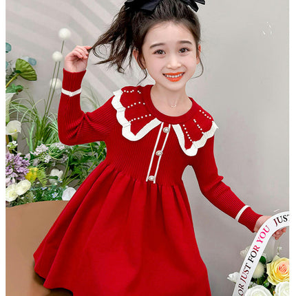 Girls Round Neck Beaded Dress Long Sleeve Knitted Sweater Princess Dress