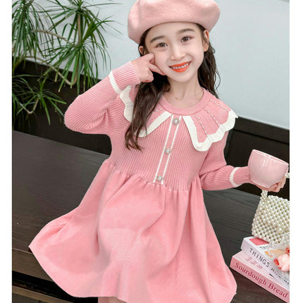 Girls Round Neck Beaded Dress Long Sleeve Knitted Sweater Princess Dress