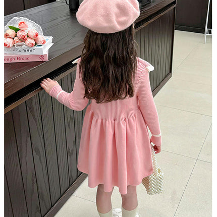 Girls Round Neck Beaded Dress Long Sleeve Knitted Sweater Princess Dress