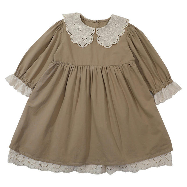 Baby Girl Spring and Autumn Solid Color Long Sleeve Lace Patchwork Dress