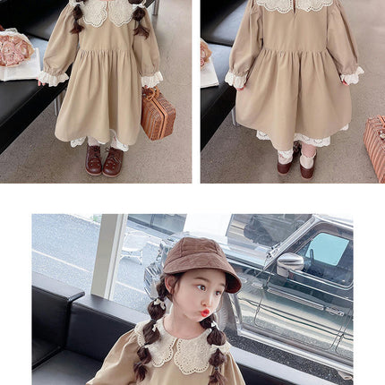 Baby Girl Spring and Autumn Solid Color Long Sleeve Lace Patchwork Dress