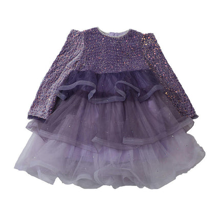 Children's Beaded Round Neck Sequined Princess Dress Long Sleeve Birthday Dress Tutu Skirt