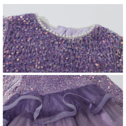 Children's Beaded Round Neck Sequined Princess Dress Long Sleeve Birthday Dress Tutu Skirt