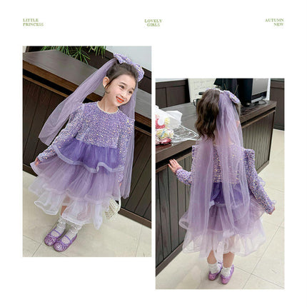 Children's Beaded Round Neck Sequined Princess Dress Long Sleeve Birthday Dress Tutu Skirt