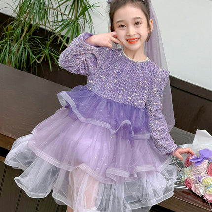 Children's Beaded Round Neck Sequined Princess Dress Long Sleeve Birthday Dress Tutu Skirt