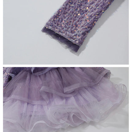 Children's Beaded Round Neck Sequined Princess Dress Long Sleeve Birthday Dress Tutu Skirt