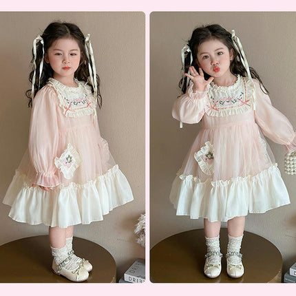 Baby Girl Spring Dress Long Sleeves Ruffled Lace Collar Cute Elegant Princess Dress