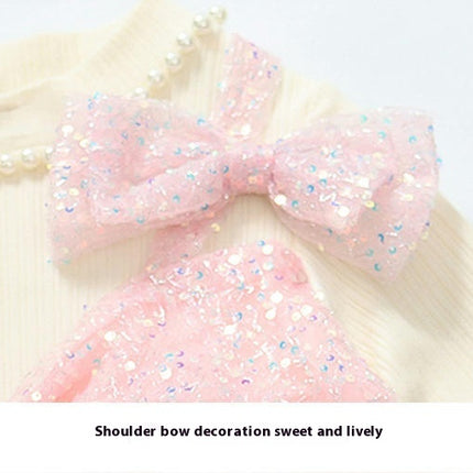 Baby Girl Spring and Autumn Dress Round Neck Long Sleeve Knitted Sequin Cake Dress