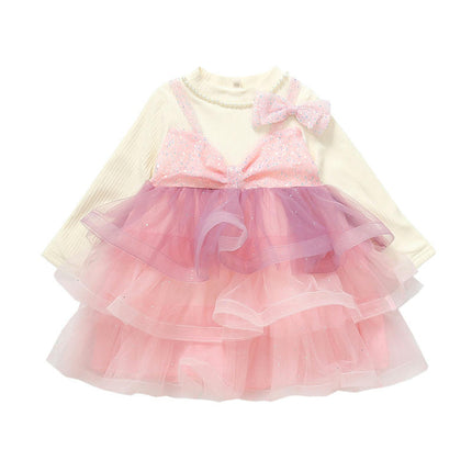 Baby Girl Spring and Autumn Dress Round Neck Long Sleeve Knitted Sequin Cake Dress