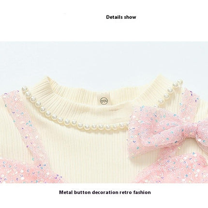 Baby Girl Spring and Autumn Dress Round Neck Long Sleeve Knitted Sequin Cake Dress