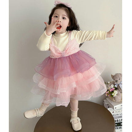 Baby Girl Spring and Autumn Dress Round Neck Long Sleeve Knitted Sequin Cake Dress