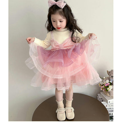 Baby Girl Spring and Autumn Dress Round Neck Long Sleeve Knitted Sequin Cake Dress