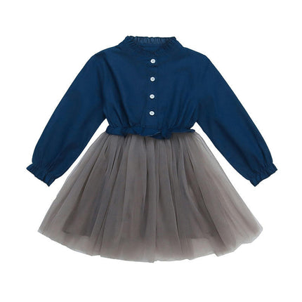 Girls Denim Dress Long Sleeve Mesh Splicing Dress Baby Girls Puffy Princess Dress