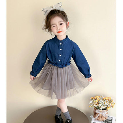 Girls Denim Dress Long Sleeve Mesh Splicing Dress Baby Girls Puffy Princess Dress
